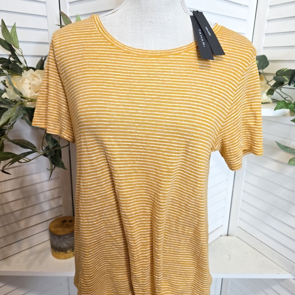 Tahari Yellow Striped Short Sleeve Linen Tee 1411 Size MED